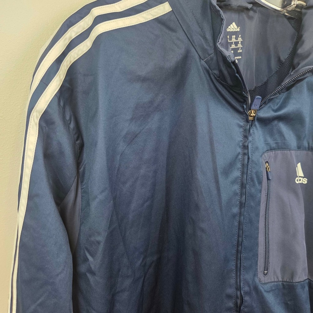 Adidas Mens Navy Blue Full Zip Track Jacket Windbreaker Hooded 3-Stripe Size 2XL - Picture 2 of 16